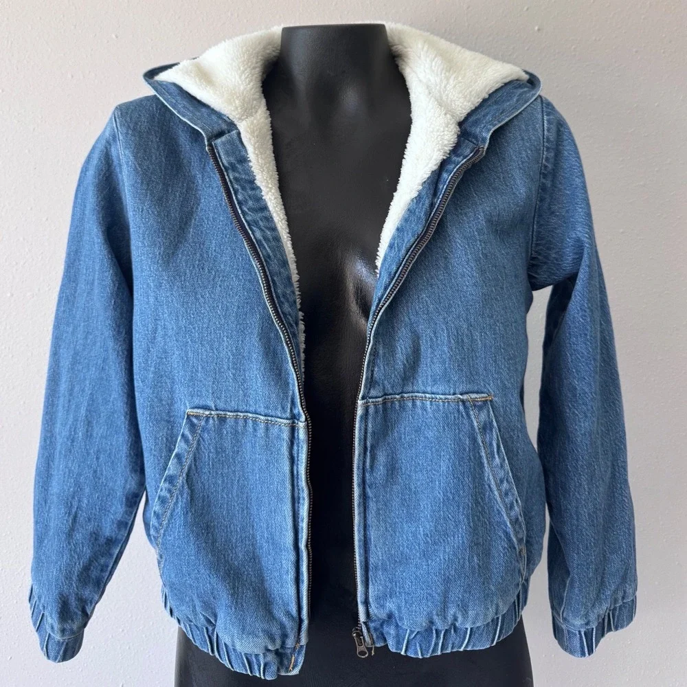 Cat & Jack Kids Blue Denim Sherpa Lined Hooded Bomber Jacket XL 14 Full Zip Girl